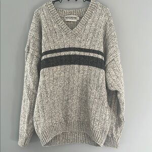 Cozy Gray V-Neck Sweater with Sporty Stripe